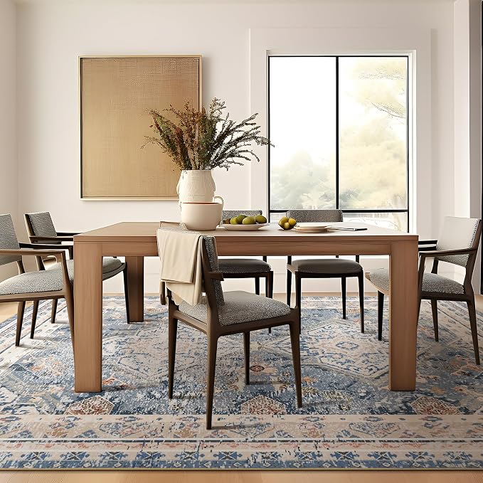 Phantoscope Washable Area Rug 5'x7' Non-Slip, Vintage Neutral Rugs for Living Room, Bedroom, Dining Room, Distressed Boho Geometric Medallion Pattern, Low-Pile Foldable Floor Carpet, Dusty Blue/Multi