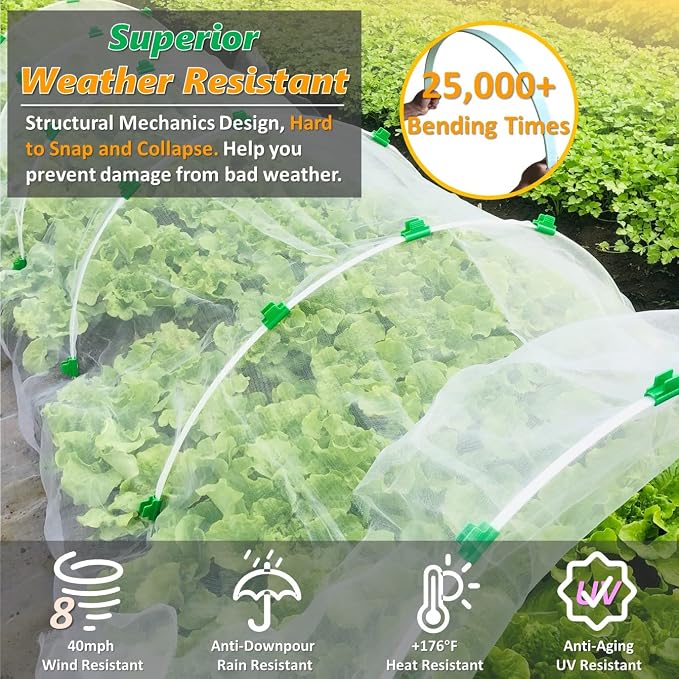Garden Mesh Netting Kit, Super Bendable Fiberglass Greenhouse Hoops with Ultra-Fine Pest Barrier for 2-4ft Wide Raised Beds, Weather Resistant Grow Tunnel for Planting Row Protection