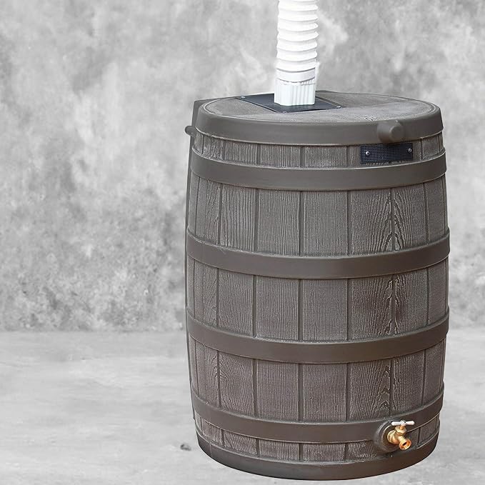 Good Ideas Rain Wizard 50 Gallon Plastic Outdoor Home Rain Barrel Water Storage Collector with Brass Spigot and Flat Back Design, Oak (4 Pack)