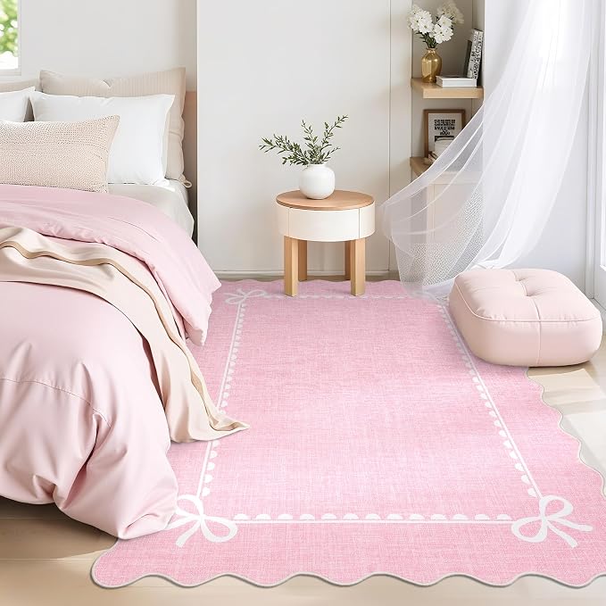 COZYLOOM Washable Kids Room Rug 8x10 Scalloped Rugs for Living Room, Pink | Rubber Backing Modern Bow Print Stain Resistant Non Shedding Low Pile Soft Bordered Area Rug for Dining Room Bedroom Nursery