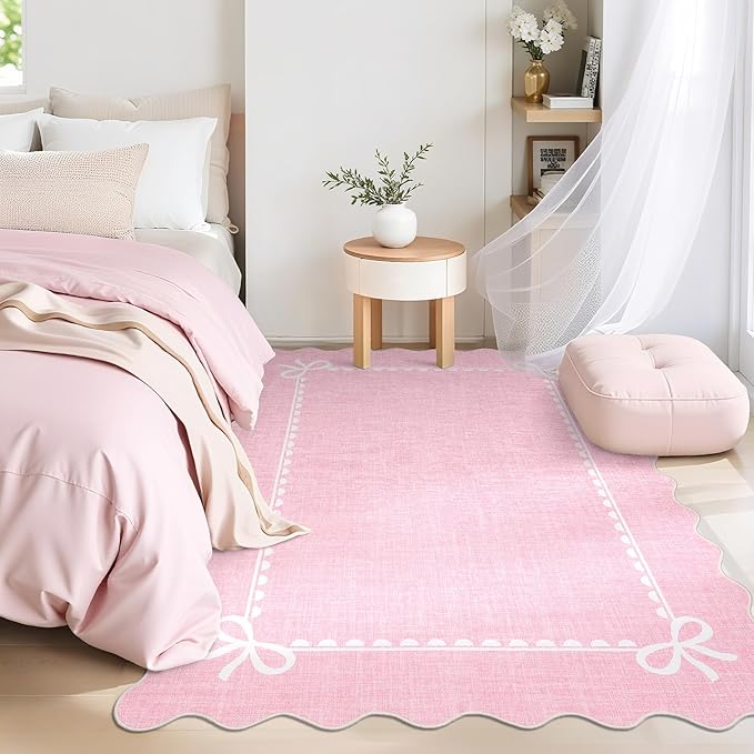 COZYLOOM Scalloped Living Room Rugs 4x6 Washable Kids Bedroom Rug, Pink | Non Slip Modern Bow Border Stain Resistant Non Shedding Low Pile Solid Foldable Area Rug for Entryway Dining Room