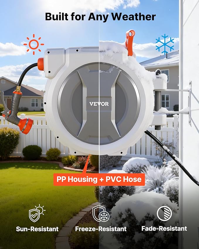 VEVOR Retractable Garden Hose Reel, 1/2 in x 130 ft, Wall Mounted Hose Reel with 9-Function Sprayer Nozzle and 180° Swivel Bracket, Any Length Lock, Automatic Slow Rewind System, for Garden Watering