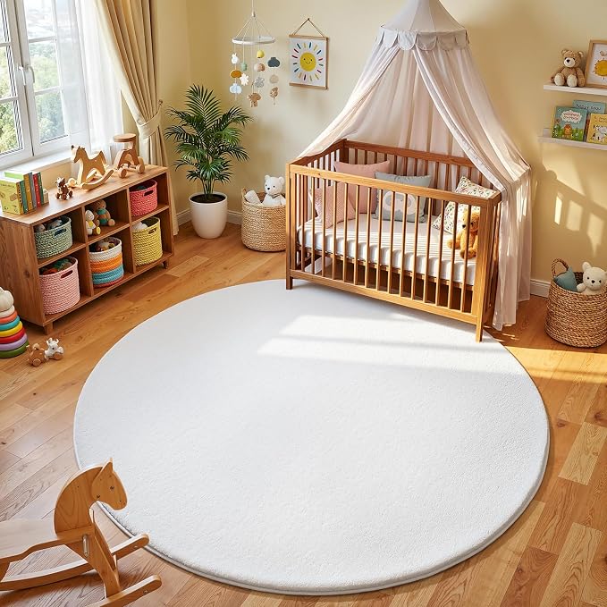 Amearea White Round Area Rugs 5ft Circle Rugs for Bedroom Living Room | Washable Fluffy Indoor Thickened Memory Foam Rug, Non Slip Minimalist Circular Carpet for Boys Girls Dorm Nursery Room Decor