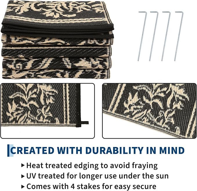 Garvee Outdoor Rugs 9x12 Waterproof Reversible Mat Boho Leaf Patio Rug with 4 Stakes and Starage Bag, Large Outdoor RV Mat Rugs for Camping, Picnic, Balcony, Deck, Backyard, Black & Brown