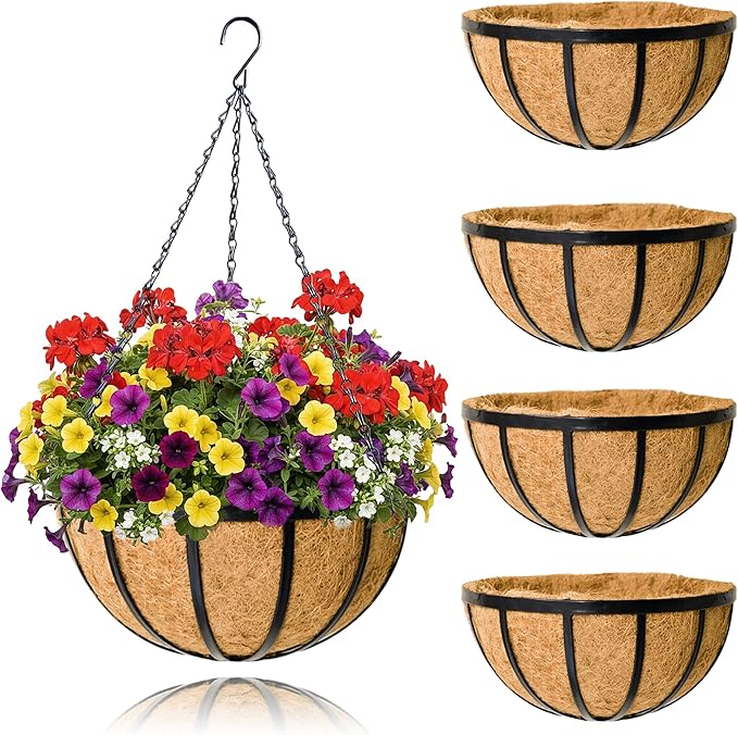 4 Pack 12 Inch Hanging Planters for Outdoor Plants Metal Hanging Planter Basket with Coco Coir Liner Round Plant Black Flat Iron Metal Flower Pots for Deck Patio Porch Garden Balcony