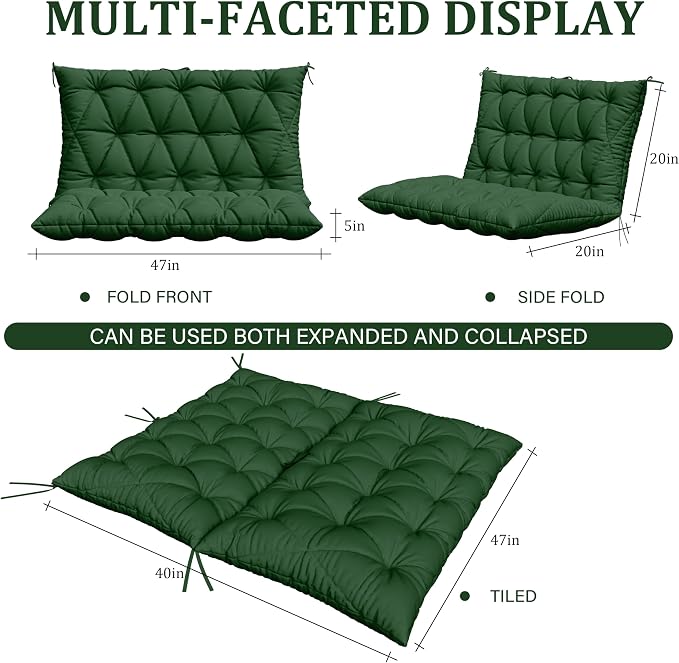 Porch Swing Cushion with Backrest,Waterproof Bench Cushion for Outdoor Furniture,2-3 Seater Replacement Thickened 5 in swing cushion,with Ties,Patio,Outdoor,Backyard and Garden (Green,47x40 in)