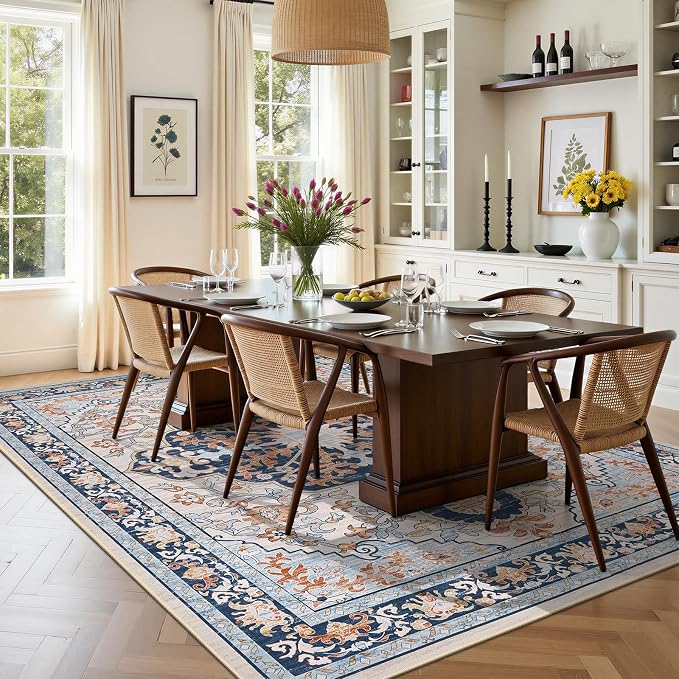 U'Artlines Boho Vintage Area Rug 8x10 Machine Washable Carpet, Orange Blue | Low Pile, Non Slip, Ultra-Thin Soft Floor Carpet, Accent Rug for Living Room Bedroom Entryway Dining Room Office