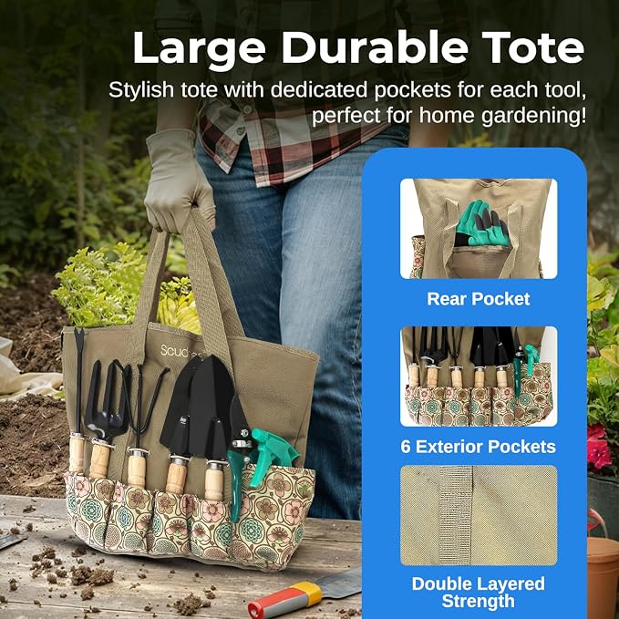 Scuddles Garden Tool Bag with 9 Piece Stainless Steel Gardening Kit | Includes Rust-Resistant Blades, Wooden Handles, Fingertip Claw Gloves & Reinforced Garden Bags | Landscaping and Planting Gift
