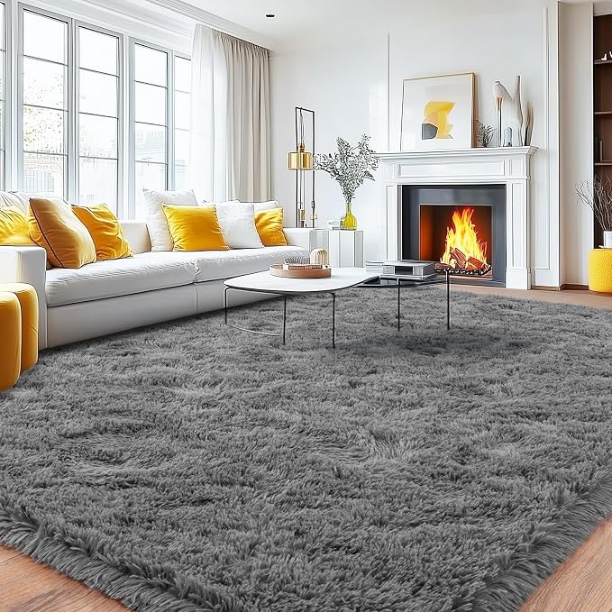 Large Area Rugs 9x12 Living Room, Ultra Fluffy Fuzzy Shag Grey Rug for Bedroom, Modern Plush Soft High Pile Upgrade Non-Slip Gray Carpet for Kids Girls and Boys, Dorms, Home Decor Aesthetic