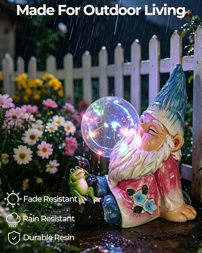 Solar Garden Gnome Statue with Colorful Glowing Bubble Light | Waterproof Resin Garden Statue, Outdoor Garden Decor for Patio, Yard, Lawn & Pathway, LED Figurine Light, 7.6 Inch