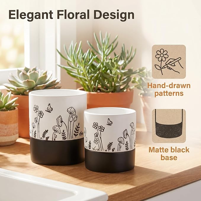 Nihow Self Watering Pots for Indoor Plants,4.5+6 Inch,White Hand Painting | Ceramic Planter, Drainage Hole & Water Storage Plus, Cylinder Round Flower Pot, For Succulent/Herbs/Violets