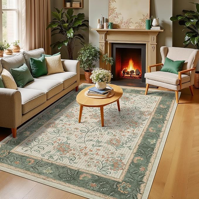 GarveeHome 5x7 Area Rug Sage Green Washable Rugs for Living Room Bedroom | Non Slip Soft Low Pile French Country Floor Mat Botanical Floral Print Throw Rug Indoor Carpet Dining Room Playroom