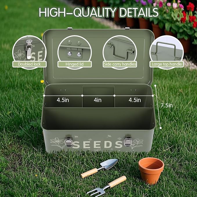 Seed Storage Organizer with Lid, Metal Seed Bin Seed Packet Container with 100 Plant Labels 50 Seed Envelopes 50 Plant Clips 1 Marker Pen, 4 Compartments Box with Locks