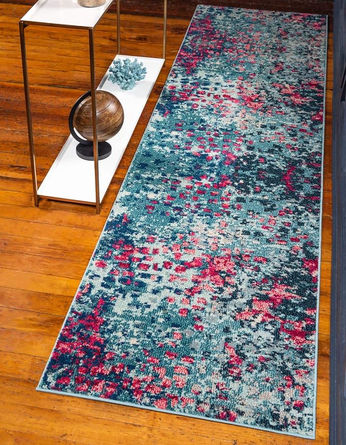 Unique Loom Jardin Collection Colorful, Vibrant, Abstract, Modern Area Rug (2' 7 x 10' 0 Runner, Blue/ Pink)
