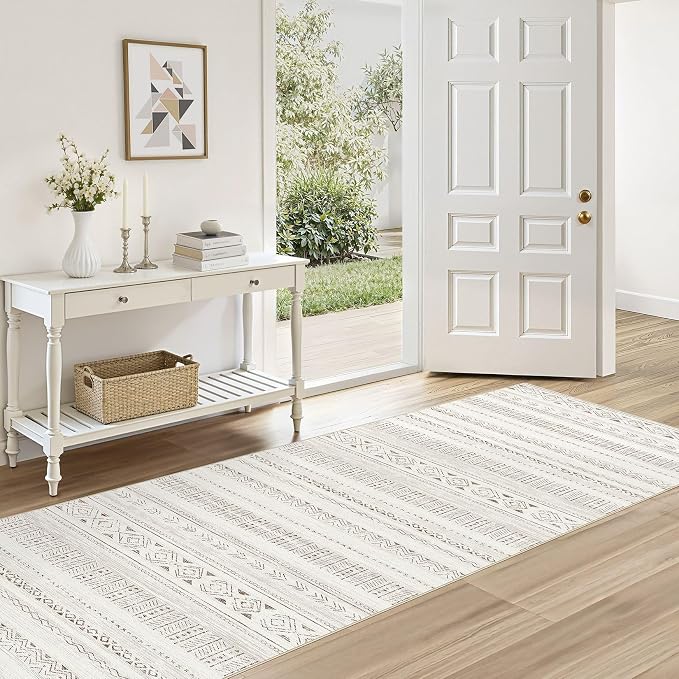 cotiled Hallway 2.6x8 Runner Rugs Washable Boho Rug Brown/Cream | Stain Resistan Indoor Carpet for Entryway Kitchen Laundry Room Bedroom
