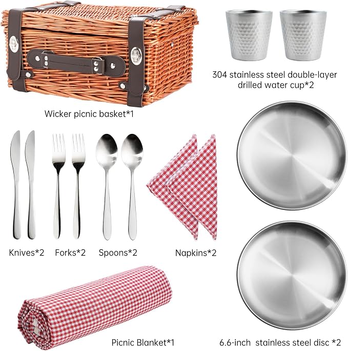 Picnic Basket Set for 2, Wicker Picnic Baskets with Waterproof Blanket and Cutlery Service Kit, Willow Hamper for Camping, Outdoors, Valentine's Day, Christmas, Birthday, Wedding Gift
