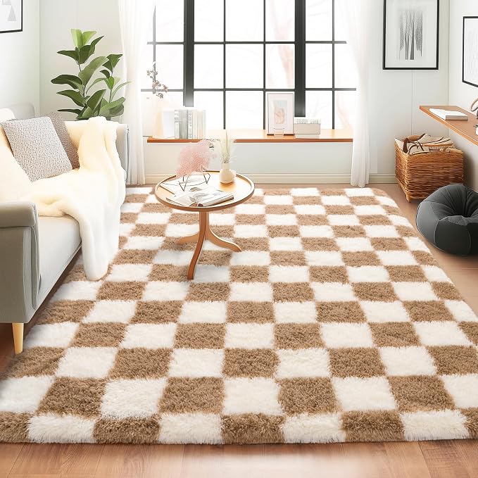 Rugs for Bedroom, 4x6 Fluffy Fuzzy Shag Checkered Area Rug for Living Room, Modern Plush Soft Upgrade Non-Slip Carpet for Kids Girls and Boys Room Dorm Nursery Home Decor, Cream and Beige
