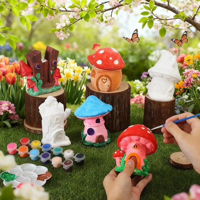 Acellegic 6 Pcs Ceramics Fairy House to Paint Ready to Paint Your Own Fairy Garden Mushroom Statue DIY White Ceramic Mushroom Houses for Yard Decor Summer Spring Painting Art