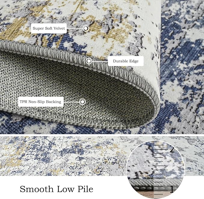 Toneed Washable 8x10 Area Rug with Non-Slip Backing for Living Room | Abstract Modern Rugs, Soft Low Pile Carpet for Bedroom Kitchen Dining Room Nursery Indoor Floor Home Decor, Blue White Gold