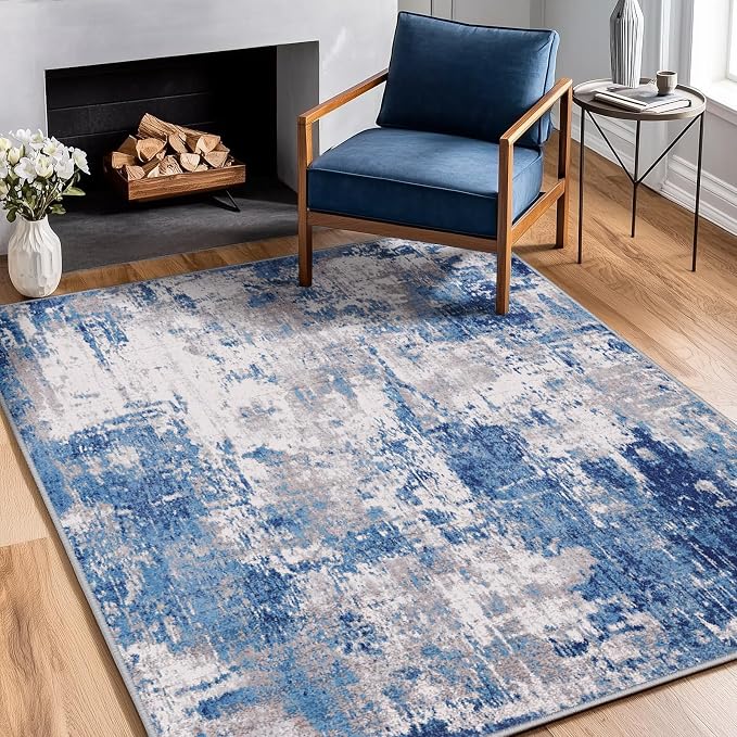 RELEANY Washable 4'x5' Abstract Area Rug for Living Room Blue Gray | Carpet for Bedroom, Kitchen, Office, Hallway and Entryway, Printed Pattern, Non‑Slip, Soft, Stain‑Resistant, Easy to Clean