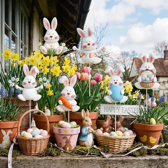 Pickmesh 6 Pcs 12" H Easter Yard Sign Metal Rabbits Yard Stake Bunny Barn Garden Stake Easter Decoration Outdoor for Planter Pot Spring Walkway Pathway Lawn Decor