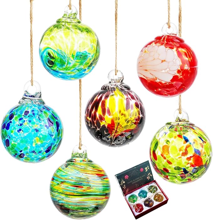 6Pcs Hand-Blown Glass Ornament Balls 2.3'' Hanging Witches Ball Gazing Ball | Exquisite Hand-Blown Glass Craft, Ideal for Home Window Outdoor Garden Patio Xmas Tree