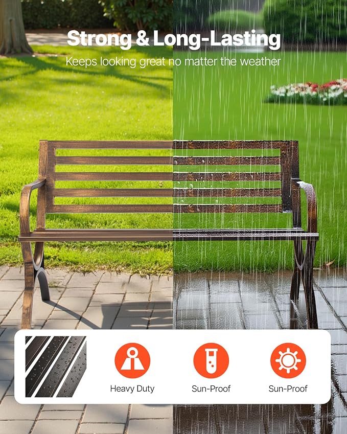 VEVOR Outdoor Bench, 50 inch, Carbon Steel Metal Frame with Slatted Pattern Backrest and Round Edge Armrests, Weatherproof Outside Bench for Patio, Garden, Park, Yard, Front Porch, Antique Bronze