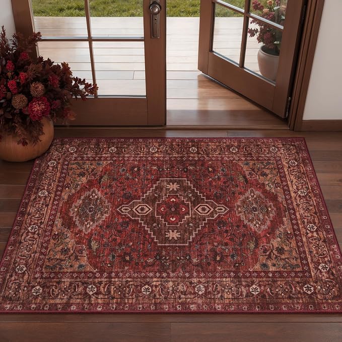 Tangsoo Red 2x3 Washable Entryway Rugs, Oriental Non Slip Small Area Rug | Boho Indoor Front Door Rug, Vintage Door Mat Indoor Entrance Soft Low Pile Throw Rugs for Entry Kitchen Living Room Dark Red