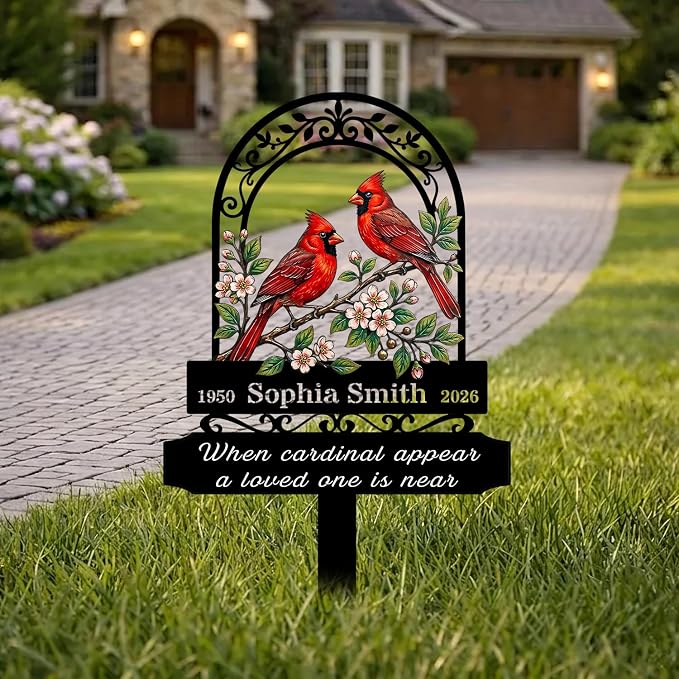 Personalized Cardinal Garden Sign with Stakes, Custom Name Sign, Yard Decor Outdoor, Memorial Gift for Mom, Garden Plaque Memorial Gifts, loss loved Ones Cardinal Sign