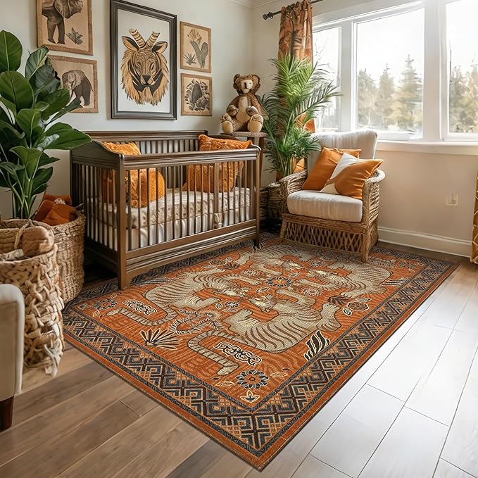 GarveeHome 4x6 Tiger Washable Rug Entryway Boho Bedroom Non Slip Vintage | Terracotta Area Rug Low Pile Tribal Carpet Stain Resistant Throw Rug for Kitchen Dorm Kidss Room Office Dining Room