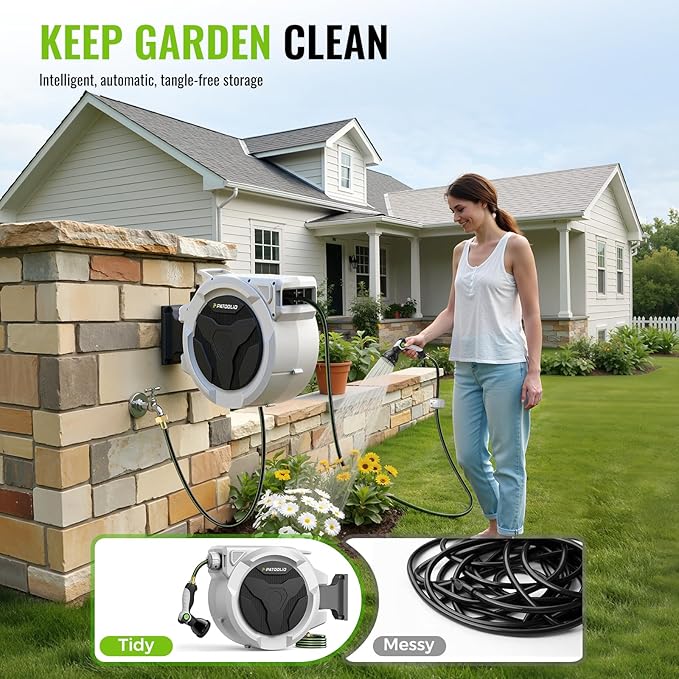100 FT Retractable Garden Hose Reel for Large Yards, Heavy Duty Wall Mounted Water Hose Reel with Auto Slow Rewind, Any Length Lock & 10-Pattern Nozzle for Watering, Car Washing and Outdoor Cleaning