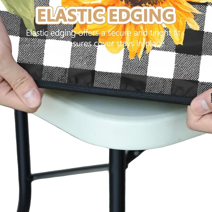 Picnic Table Cover with Bench Covers Elastic Edges, Outdoor Patio Camping Essentials 96 Inch 3PCS, Waterproof Camping Fitted Tablecloth with Handbags (Sunflower buffalo plaid)