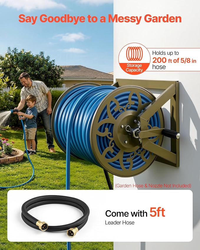 VEVOR Wall Mounted Garden Hose Reel, Holds 200 Feet of 5/8-inch Hose, Outdoor Heavy-Duty Waterhose Holder Winder, with Brass Connector, Decorative Pattern, Bronze Finish, for Backyards and Gardens