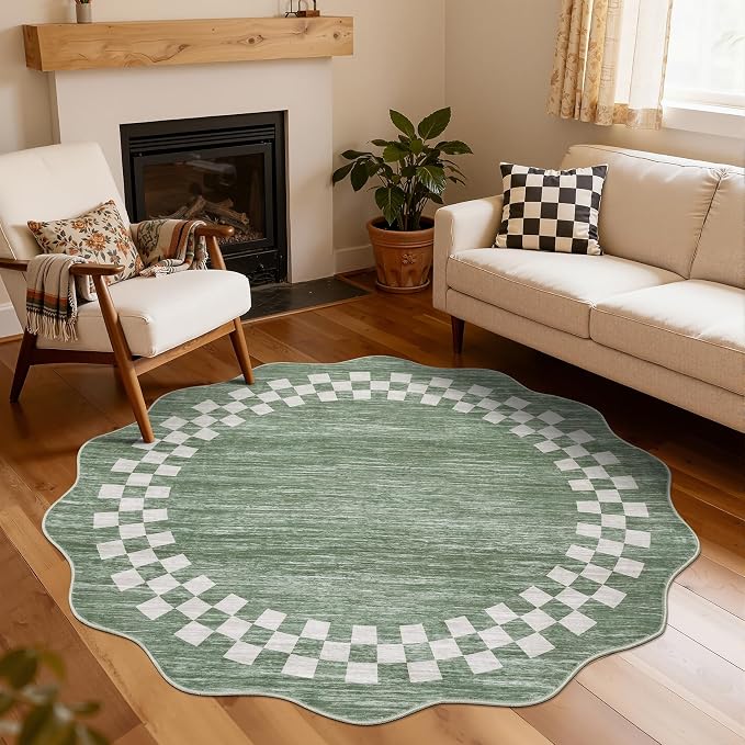 GarveeHome 6ft Washable Round Rug for Entryway Modern Bedroom Circle Rug | Checkered Non Slip Soft Dining Room Round Throw Carpet Large Stain Resistant Border Rugs for Living Room Kitchen, Green