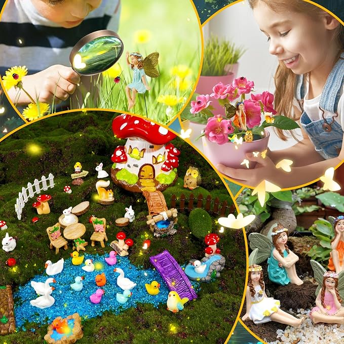 50 Pcs Fairy Garden Accessories Kit Miniature Mushroom House & Fairy Figurines Micro Landscape Kit with Animals & Furniture for DIY Crafts Outdoor Garden Mini House Decor Birthday Gift