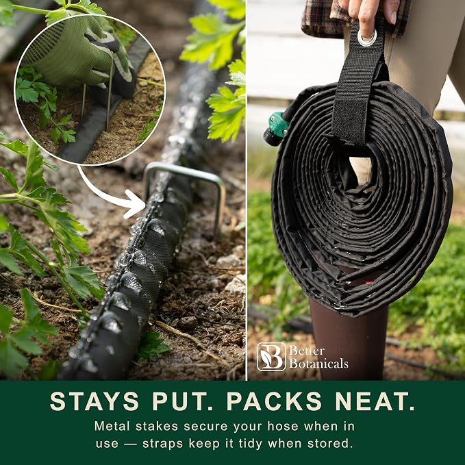 100 FT Flat Soaker Hose (2 x 50 FT) – Drip Irrigation for Garden Beds, Raised Beds & Landscaping – Kink-Resistant, Even Watering, Includes 16 Steel Stakes & Storage Straps