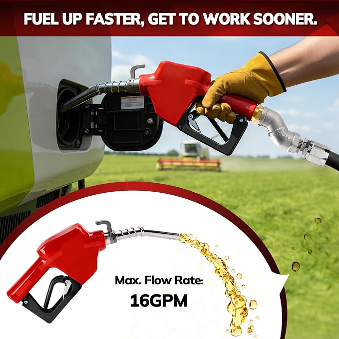 3/4" NPT Automatic Fuel Nozzle, Gas Pump Nozzle with Fuel Hose Swivel & Hook. Auto Shut-Off, Max Flow 16 GPM, 3-Speed Padlock. For Gasoline, Diesel, Kerosene, Biodiesel up to B20. Red