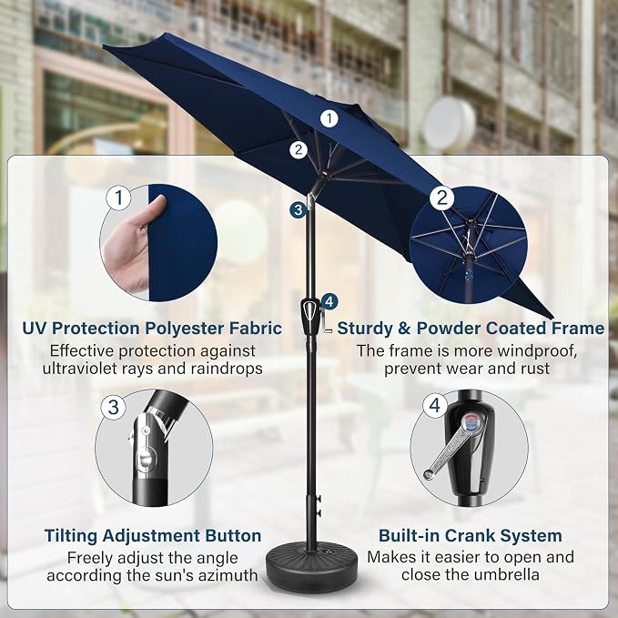 Simple Deluxe 7.5' Patio Umbrella Outdoor Table Market Yard Umbrella with 6 Sturdy Ribs for Backyard, Pool, Garden, Deck, Dark Blue