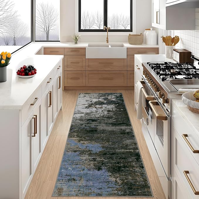 GarveeHome Modern Abstract Runner Rug 2.5x8 Hallway Rug Gray Brown | Non-Slip Backing, Stain-Resistant Low Pile Floor Cover, Colorful Indoor Mat, Bedroom, Kitchen, Laundry