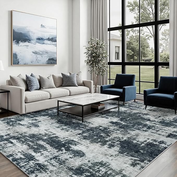 10x14 Area Rugs for Living Room: Washable Soft Black Abstract Carpet | Non-Slip TPE & Stain Resistant,0.25" Low-Pile,Kids Pet Friendly Modern Decor for Dining Room Farmhouse Office, Non-Shedding
