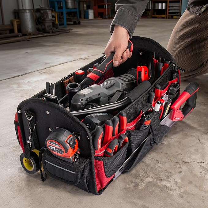 HAUTMEC 18.5" Heavy-Duty Tool Tote, 1680D Open Top Tool Bag with 39-Pockets, Rotating Steel Handle, Padded Shoulder Strap & Water-Resistant Base - HT0178