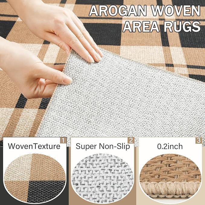 Checkered 6x9 Area Rugs, Jute Rug for Indoor Outdoor, Black/Brown | Washable Jute Area Rug With Non-Slip Backing, Low-Pile Texture, Farmhouse Geometric Pattern In Neutral Brown/Black, Durable