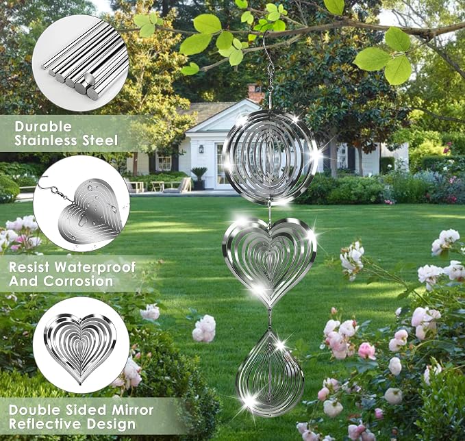 CHONOVO Stainless Steel Reflective Device, Round Bird Devices Set Highly Reflective 3D Wind Spinners Outdoor Garden Decor for Outside Window Roof Yard Orchards 12 Discs 4 Pcs