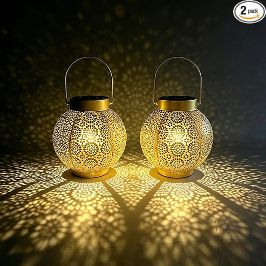 Solar Lanterns Outdoor Hanging 2 Pack, Waterproof Metal Garden Lights with Polka Dot Cutout Design, Dusk to Dawn Auto On/Off LED Decorative Lamp for Patio Porch Yard Tabletop, Shiny Gold