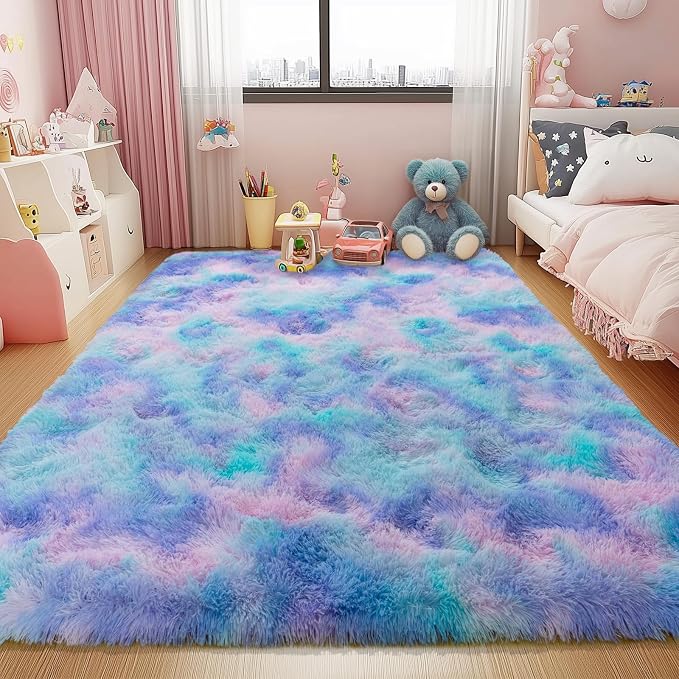 Fluffy Shag Rugs for Living Room 6x9 Purple Rainbow Washable | Upgrade Non-slip, 6 x 9 Large Big Shaggy Area Rug for Girls Bedroom Nursery, High Pile Plush Carpet for Kids Room Dorm