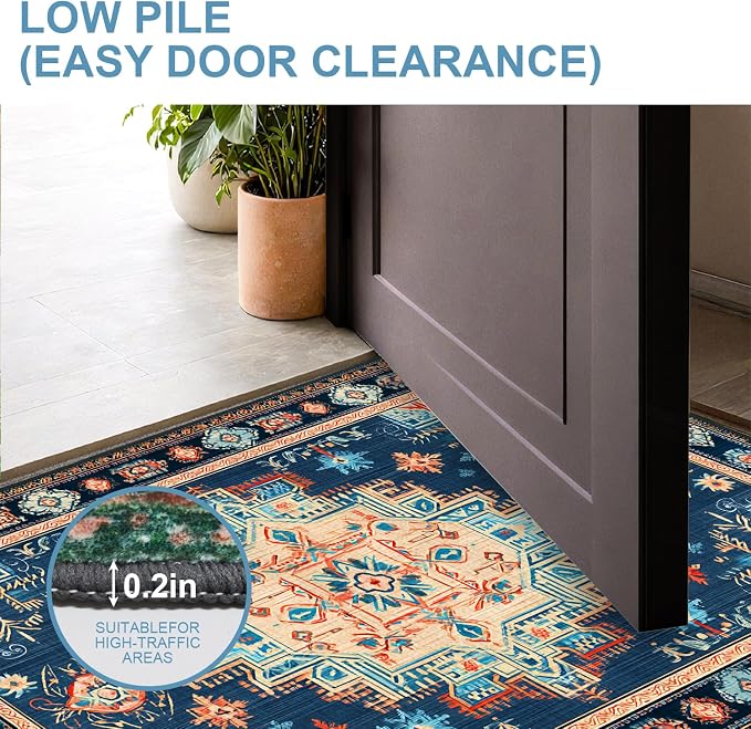 Navy Blue Coral Tribal 2x3 Entry Rug,Washable Small Rugs for Entryway Kitchen Bathroom Door Mat Indoor Entrance,Non Slip Rubber Backing,Stain & Fade Resistant,Bohemian Southwestern Decor