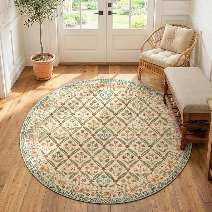 jinchan Round Rug 6ft Vintage Floral Washable Circle Area Rug, Teal Blue | Soft & Lightweight, Checkered Floral, Low Pile, Non Slip, Bedroom, Dining Room, Living Room, Girls Room, Reading Nook
