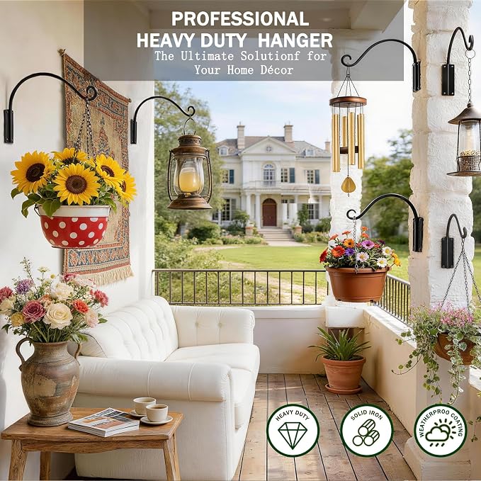 Heavy Duty 12 Inch Plant Hangers Bracket Outdoor, 50lbs Weight Capacity-4 Pack Metal Wall Hooks for Hanging Plants, Bird Feeder, Wind Chime, Wall Decor, Plant Hanger Hooks for Hanging Flower Baskets