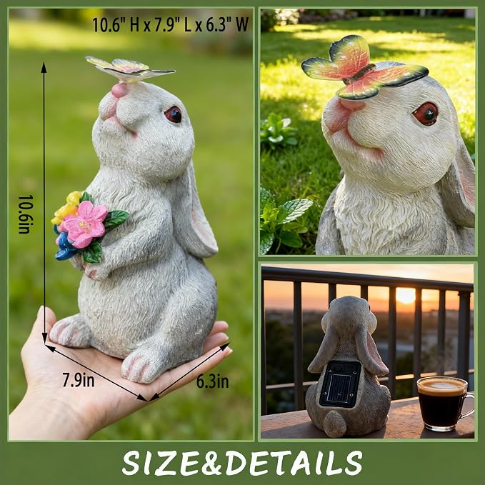 Bunny Garden Decor Solar Light Figurine, Rabbit with Butterfly Sculpture, Outdoor Waterproof Resin for Patio Porch Backyard, Mother's Day Easter Spring Gift for Mom/Grandma, Housewarming New Home Gift