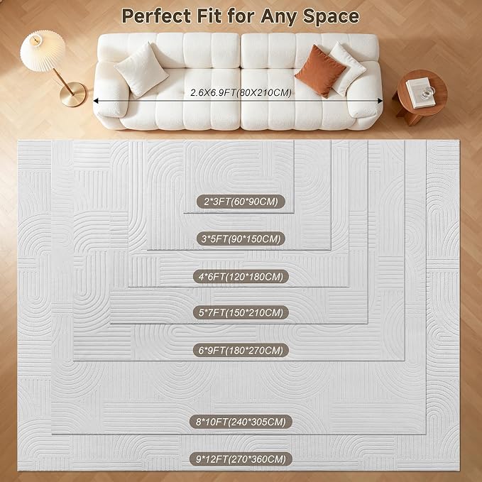 Pauwer 6x9 Area Rugs for Living Room, Modern Non Slip Washable Rug, White | Arch Pattern, Soft Fluffy, Neutral, Boho Accent, Solid Color Floor Carpet, For Kids Room Dining Room Nursery Entryway